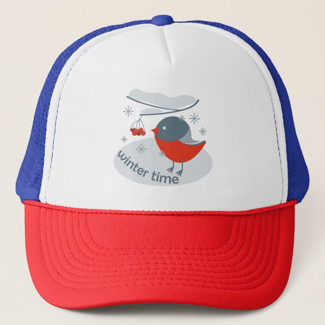 Winter bullfinch bird and red rowan berries trucker hat (Front)