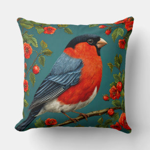 Winter Bullfinch on Frosted Branch – Serene Snowy  Cushion