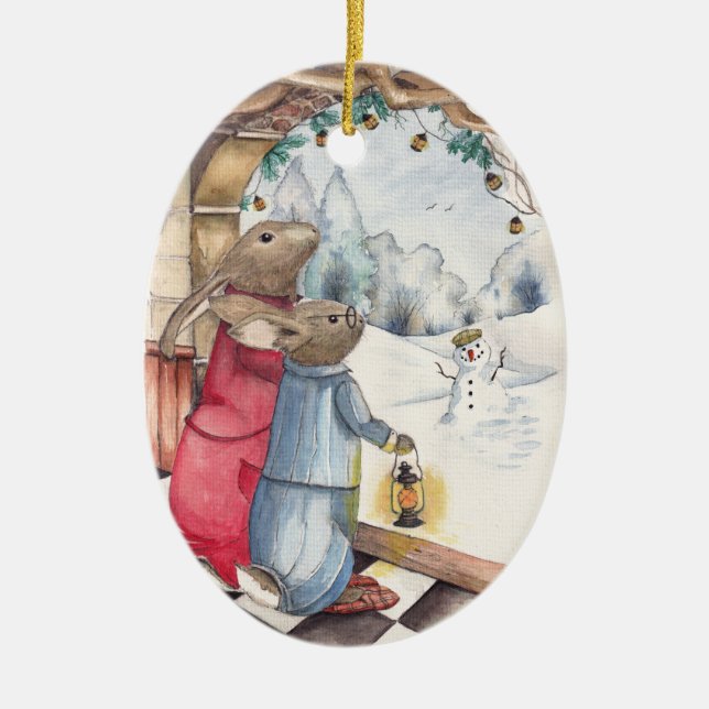 Winter Bunnies Ceramic Tree Decoration (Front)