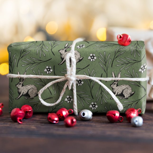 Winter Bunnies Forest Green Holiday Wrapping Paper (Cute Hand Drawn Winter Bunnies, Leaves and Flowers on a Festive Forest Green Background.)