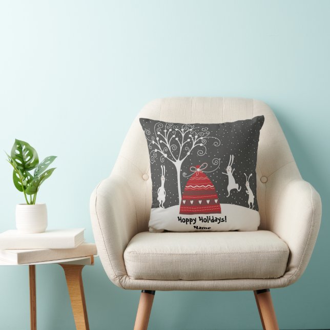 Winter Bunny Hoppy Holidays Throw Pillow (Chair)
