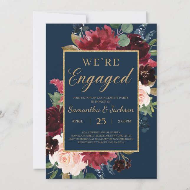 Winter burgundy blush floral engagement party invitation (Front)