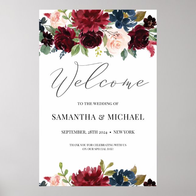 Winter burgundy blush navy floral welcome sign (Front)