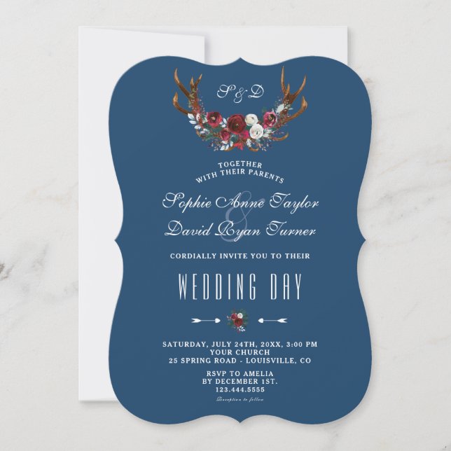 Winter Burgundy Floral Antlers Navy Gold Wedding Invitation (Front)
