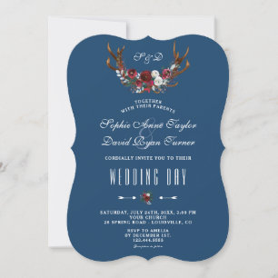 Winter Burgundy Floral Antlers Navy Gold Wedding Invitation
