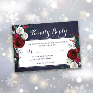 Winter burgundy floral Christmas wedding RSVP Card
