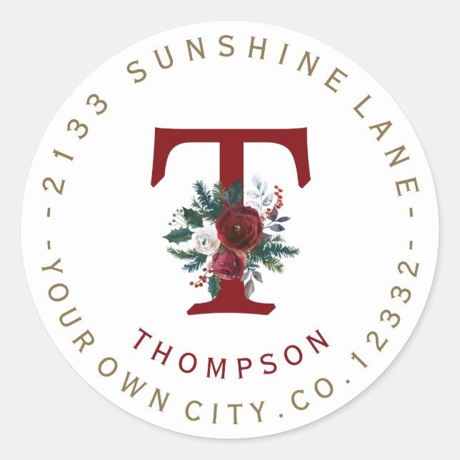 Winter Burgundy Floral Monogram Address Label (Front)