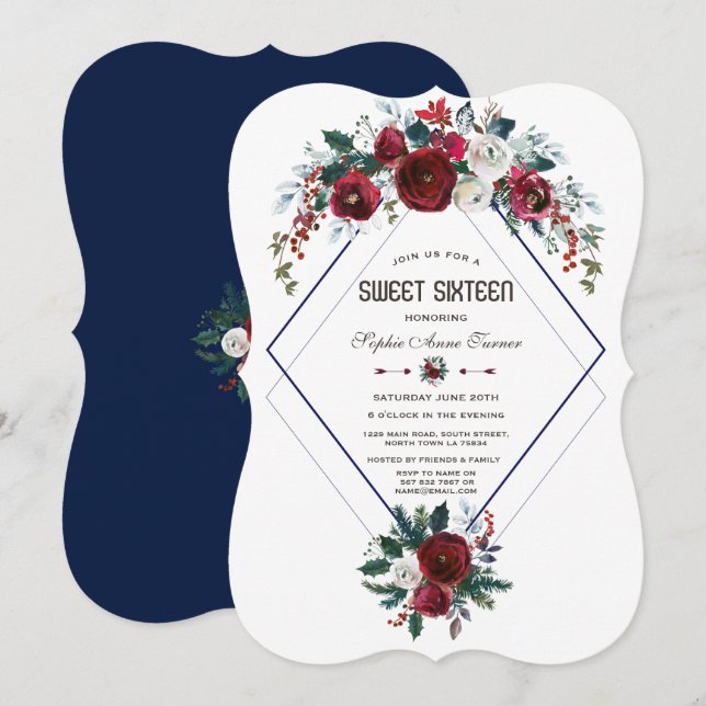 Winter Burgundy Floral Navy Blue Sweet 16 Invitation (Front/Back)