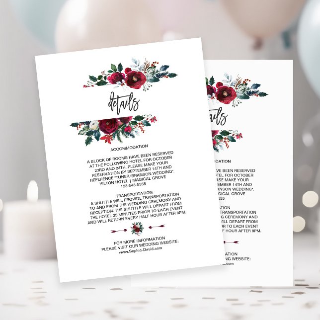 Winter Burgundy Floral Pine Frame Wedding Details Enclosure Card (Creator Uploaded)