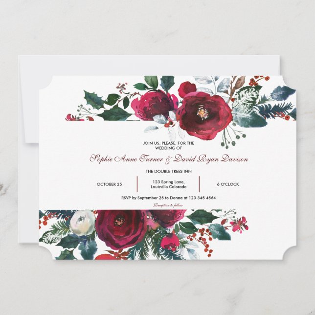Winter Burgundy Floral Pine Frame Wedding Invitation (Front)