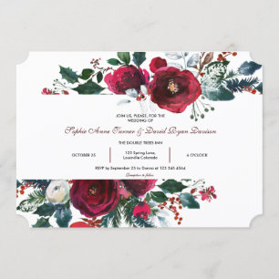 Winter Burgundy Floral Pine Frame Wedding Invitation