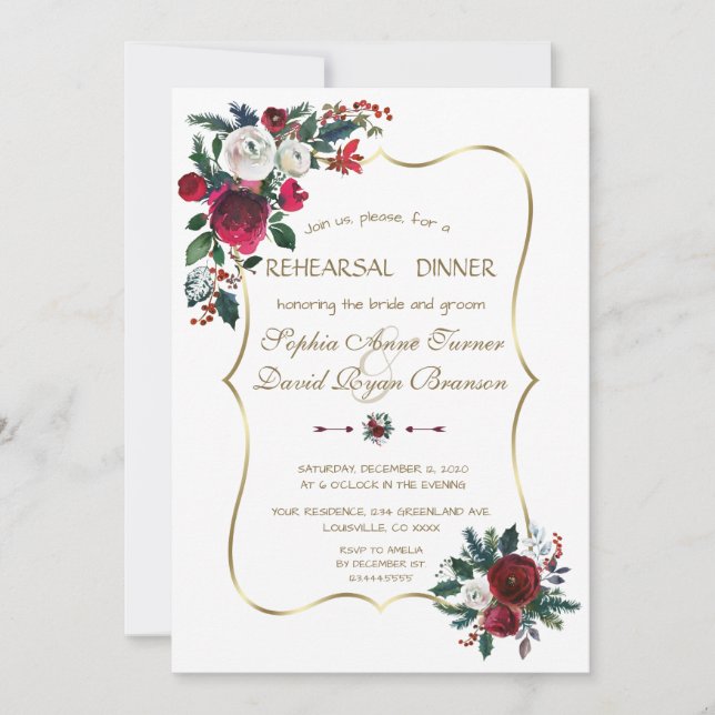 Winter Burgundy Floral Pine Gold Rehearsal Dinner Invitation (Front)