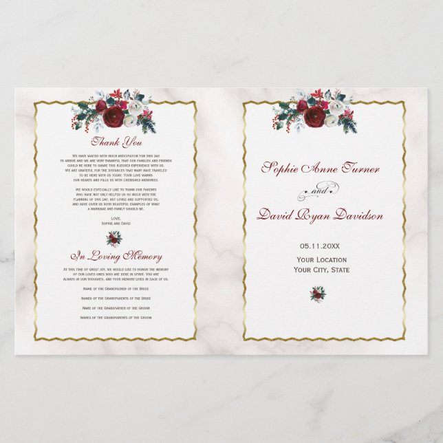 Winter Burgundy Floral Pine Gold Wedding Program (Front)