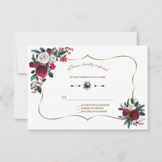 Winter Burgundy Floral Pine Gold Wedding RSVP Card (Front)