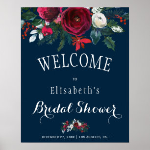 Winter Burgundy Floral Rustic Navy Bridal Shower Poster