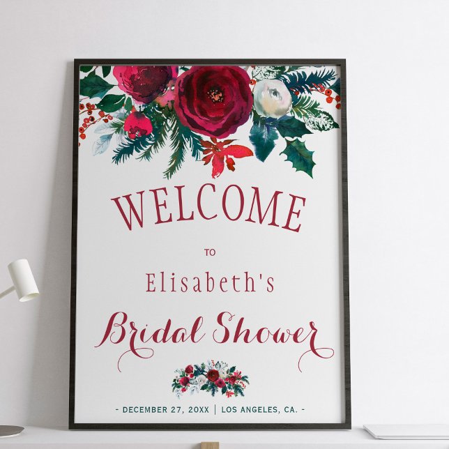 Winter burgundy floral watercolor bridal shower poster (Creator Uploaded)