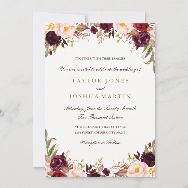Winter Burgundy Floral Wedding Invitation (Front)