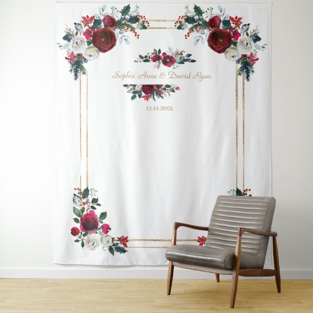 Winter Burgundy Floral Wedding Photo Prop Tapestry (In Situ)