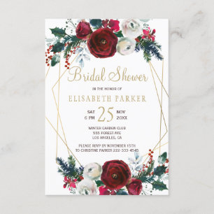 Winter burgundy gold geometric frame bridal shower invitation