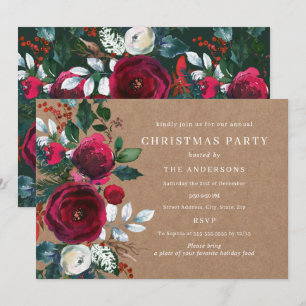 Winter Burgundy Green Foliage Christmas Party Invitation