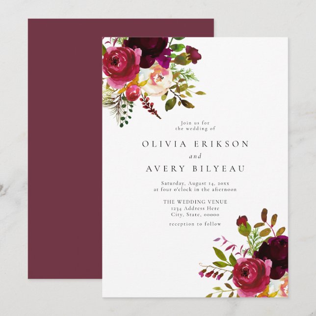 Winter Burgundy Maroon Marsala Floral Wedding Invitation (Front/Back)