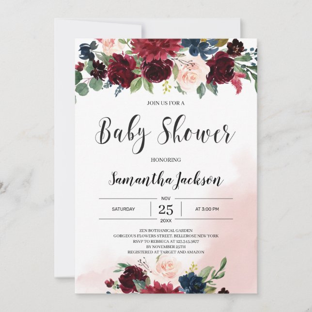 Winter burgundy navy blush pink floral baby shower invitation (Front)