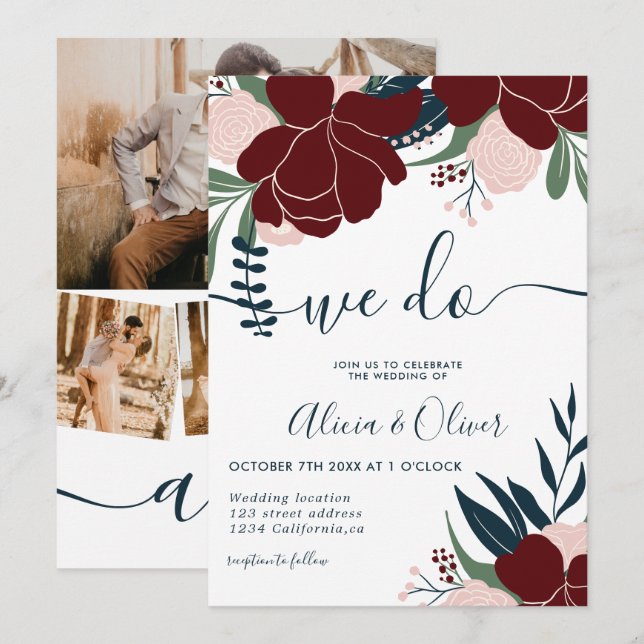 Winter burgundy navy floral photo initials wedding invitation (Front/Back)
