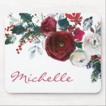 Winter Burgundy Peony Rose Floral Pine Bouquet Mouse Mat<br><div class="desc">Burgundy watercolor botanical peony rose floral girly Mouse Pad. Burgundy, marsala, white watercolor peony roses, botanical floral bouquet chich design with dark green leaves, pine branch and berries on white background. Feature an elegant handwritten typography design with your name and pretty fall, winter burgundy peony roses bouquet. Perfect choise for...</div>