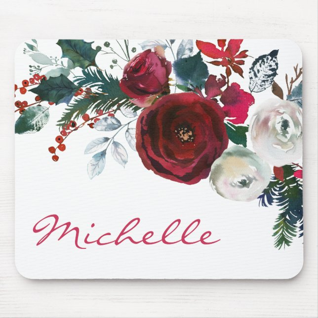Winter Burgundy Peony Rose Floral Pine Bouquet Mouse Mat (Front)