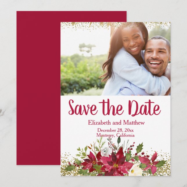 Winter Burgundy Poinsettia Glitter Save the Date Invitation (Front/Back)