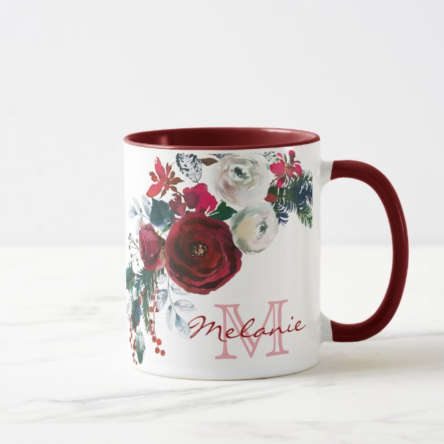 Winter Burgundy Rose Floral Pine Bouquet Monogram Mug (Right)