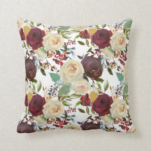 Winter Burgundy Watercolor Floral Throw Pillow