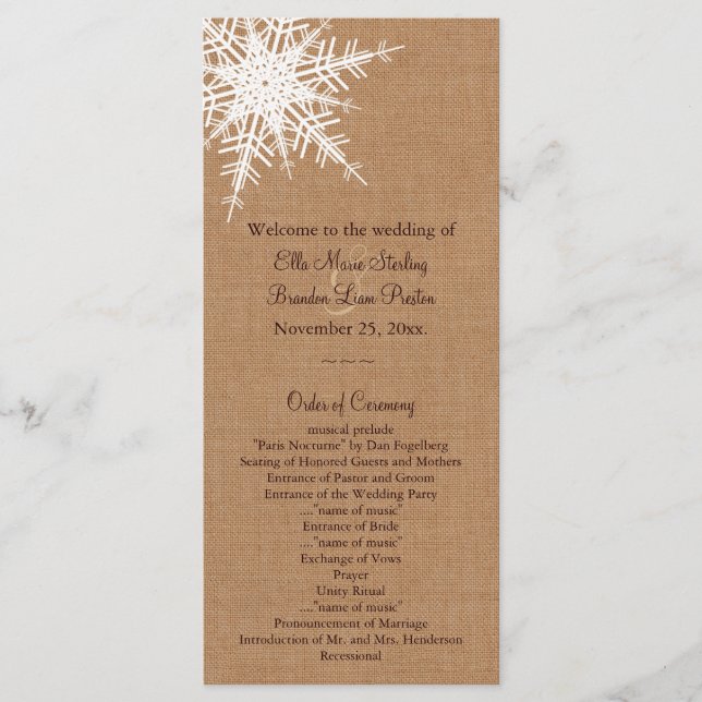 Winter Burlap Wedding Program Programme (Front)