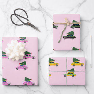 Winter Cab Taxi Fir Tree Pattern Pink Christmas  Wrapping Paper Sheet