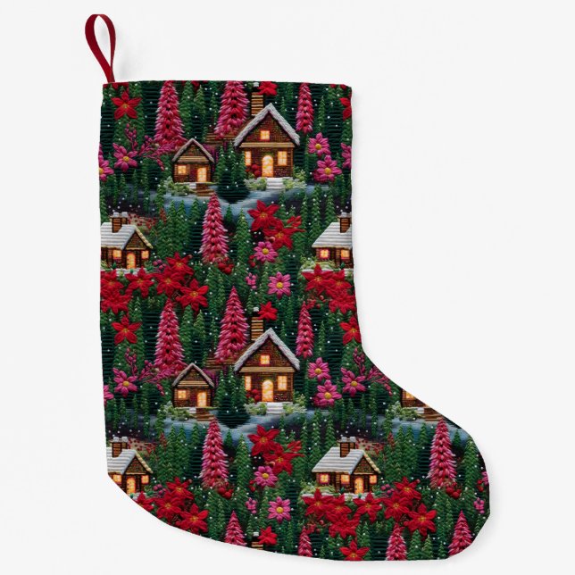 Winter Cabin Christmas Floral Faux Embroidery Small Christmas Stocking (Front)