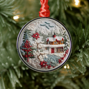 Winter Cabin Christmas Holidays Faux Embroidered Metal Tree Decoration