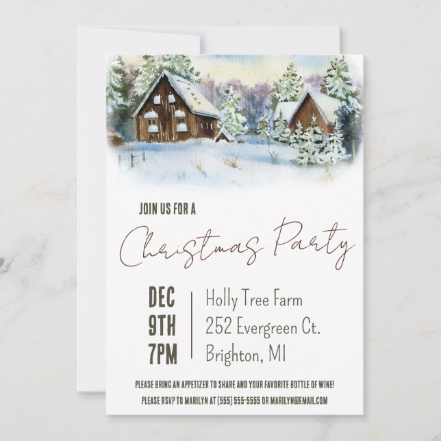 Winter Cabin, Cottage Christmas, Holiday Party Invitation (Front)