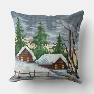 Winter Cabin Cross Stitch Style Throw Pillow