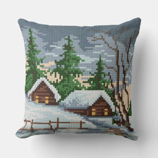 Winter Cabin Cross Stitch Style Throw Pillow