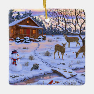 Winter Cabin Deer In Snow Christmas Scene Ceramic Ornament