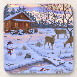 Winter Cabin Deer In Snow Christmas Scene Coaster
