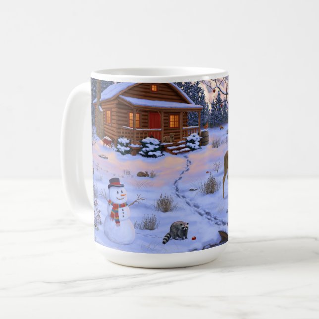 Winter Cabin Deer In Snow Christmas Scene Coffee Mug (Front Left)