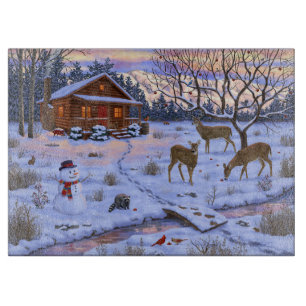 Winter Cabin Deer In Snow Christmas Scene Cutting Board