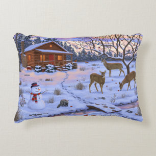 Winter Cabin Deer In Snow Christmas Scene Decorative Cushion