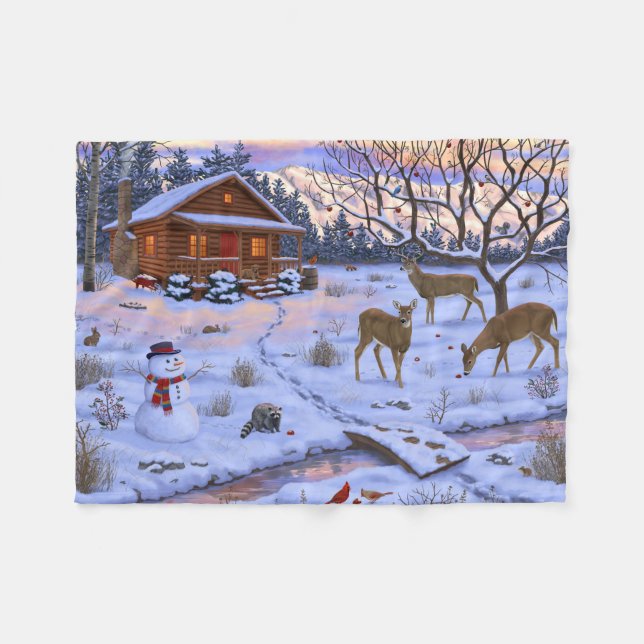 Winter Cabin Deer In Snow Christmas Scene Fleece Blanket (Front (Horizontal))
