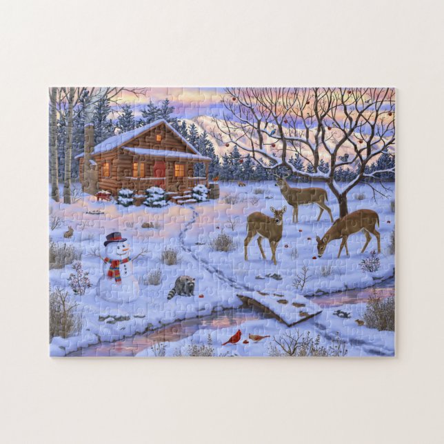 Winter Cabin Deer In Snow Christmas Scene Jigsaw Puzzle (Horizontal)