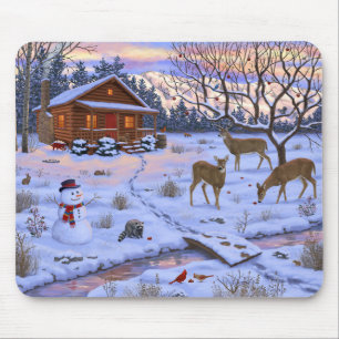 Winter Cabin Deer In Snow Christmas Scene Mouse Mat