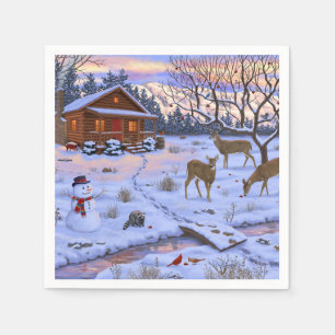 Winter Cabin Deer In Snow Christmas Scene Napkin
