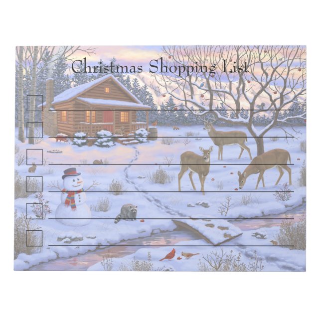 Winter Cabin Deer In Snow Christmas Scene Notepad (Front)