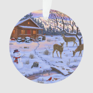 Winter Cabin Deer In Snow Christmas Scene Ornament